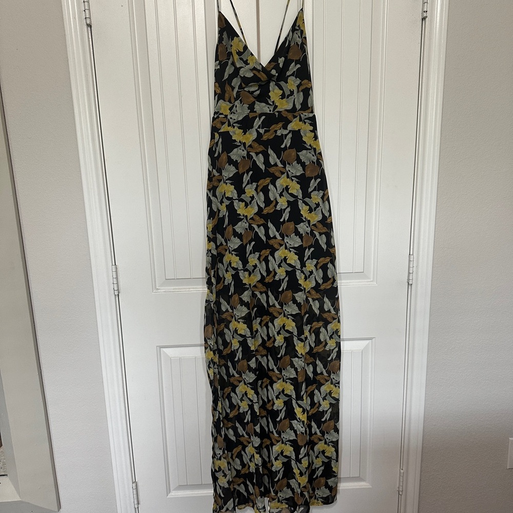 Sienna dress. Black with sage, brown and yellow leaves/flowers